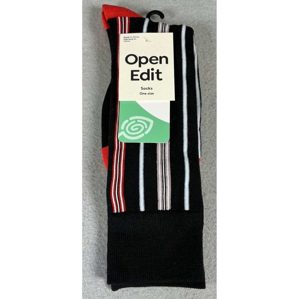 Open Edit Crew Socks Black‎ Red White Striped One Size NWT Casual Dress Socks